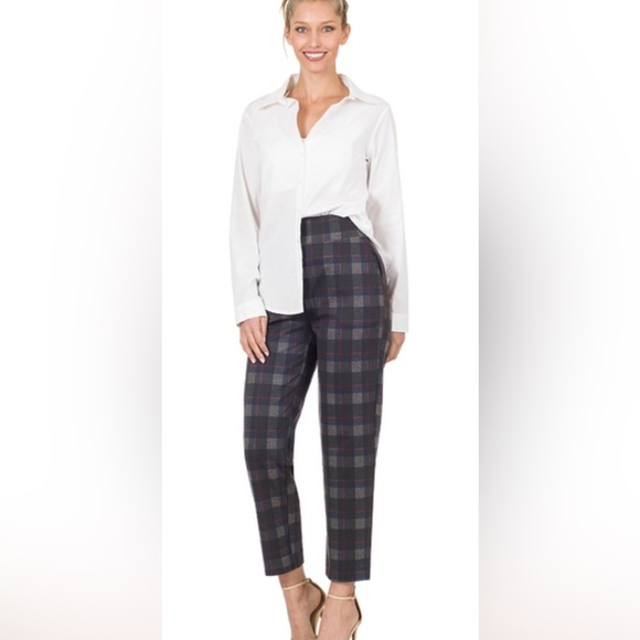 Zenana Plaid Pull On Stretch Dress Pants Navy & Gray - Picture 1 of 3